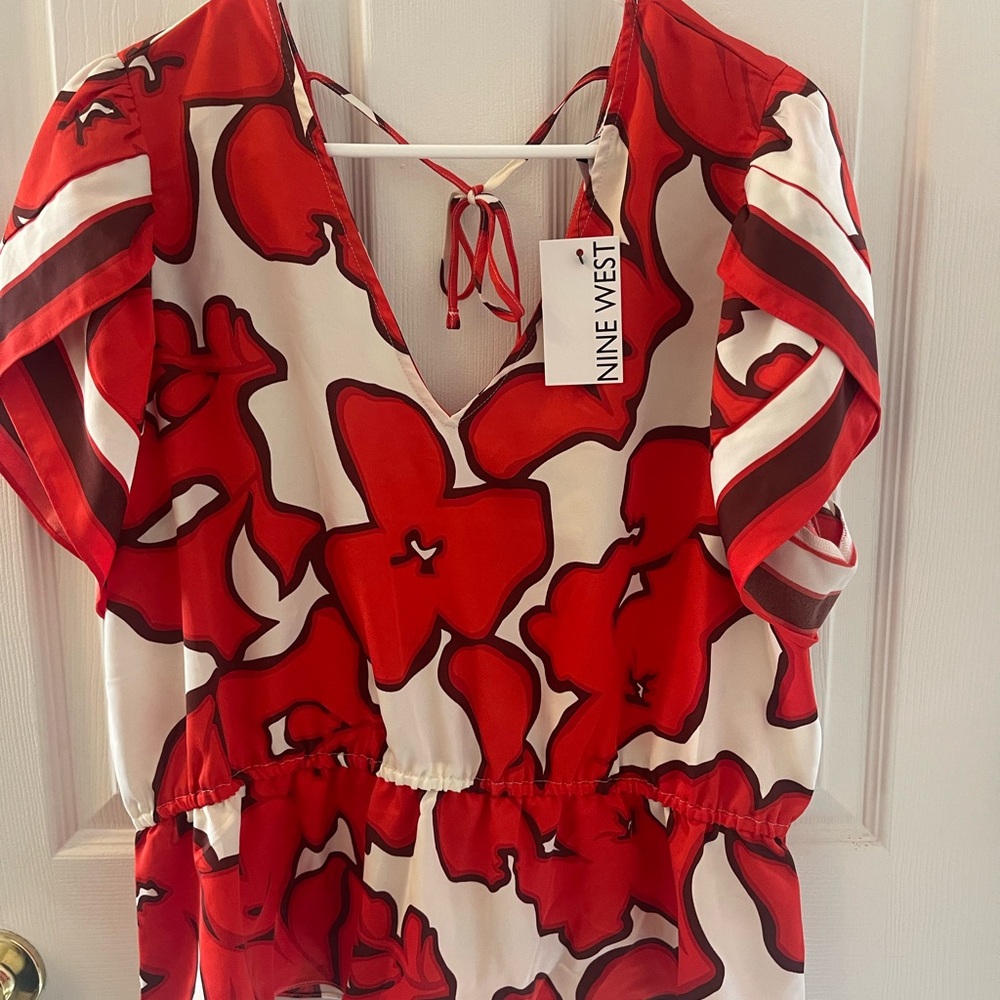 Nine West Bold Red and White Floral Blouse